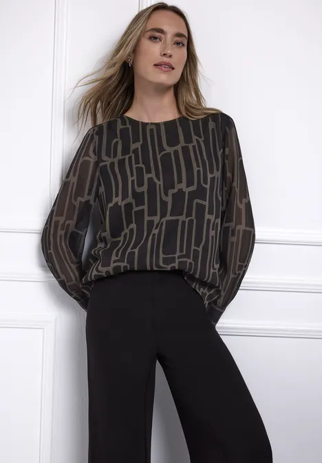 Gedessineerde chiffon blouse darkest brown