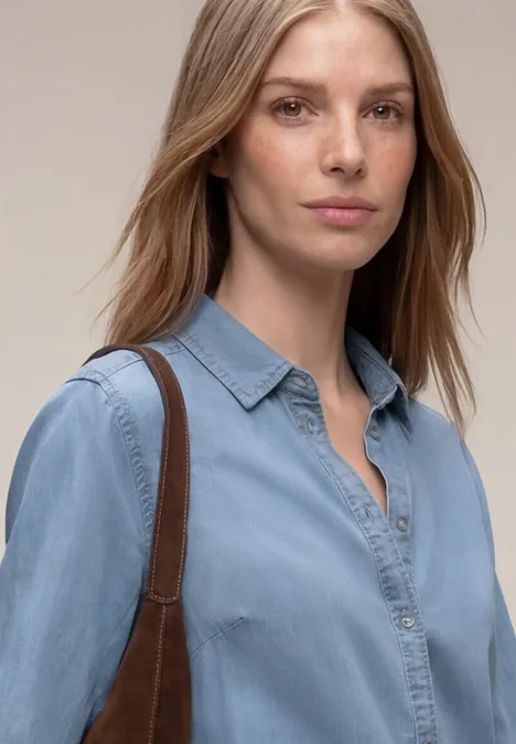 3/4-Arm Hemdbluse im Denim-Look Light Blue soft wash