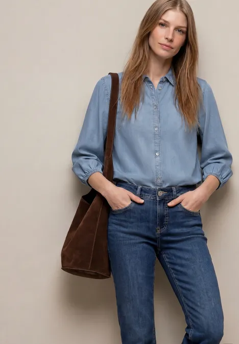 Overhemdblouse met 3/4 mouwen in denimlook Light Blue soft wash