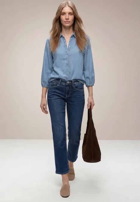 Overhemdblouse met 3/4 mouwen in denimlook Light Blue soft wash