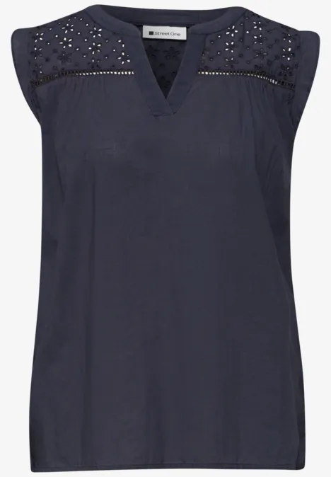 Blusentop mit Split Neck und Shiffleydetails tempest blue