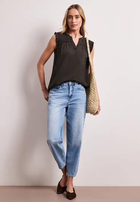 Blusentop mit Split Neck und Shiffleydetails espresso brown