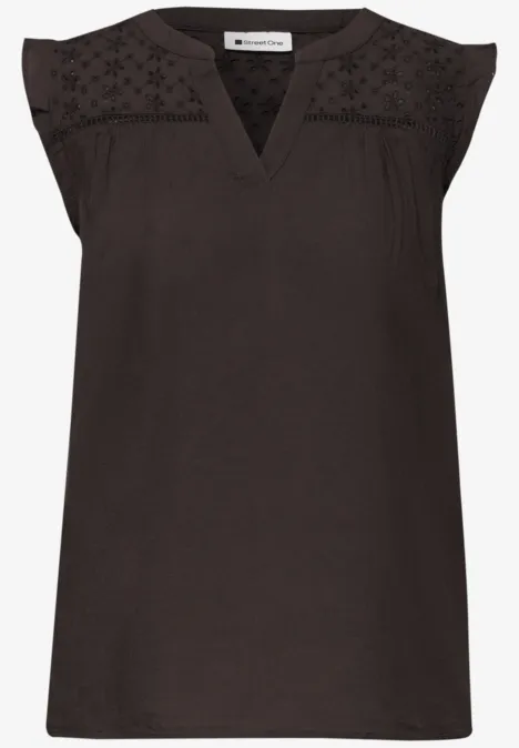 Blusentop mit Split Neck und Shiffleydetails espresso brown