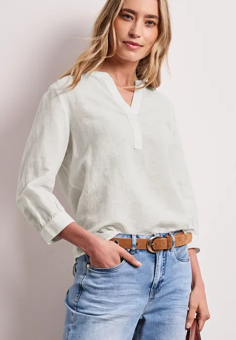 Bluse mit Split Neck aus Leinenmix off white