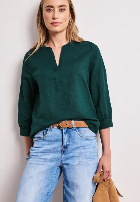 Bluse mit Split Neck aus Leinenmix dark garden green