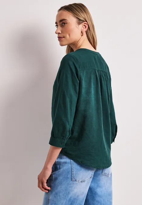 Bluse mit Split Neck aus Leinenmix dark garden green
