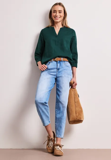 Bluse mit Split Neck aus Leinenmix dark garden green