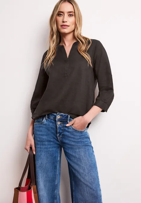 Bluse mit Split Neck aus Leinenmix espresso brown