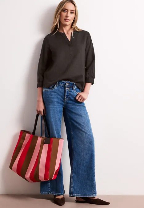 Bluse mit Split Neck aus Leinenmix espresso brown