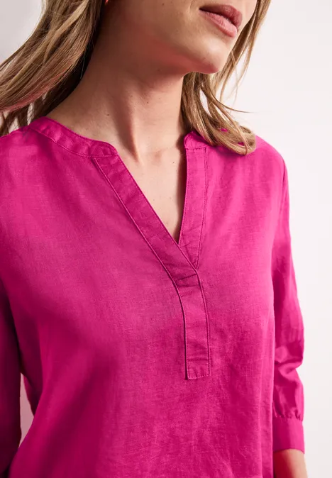 Bluse mit Split Neck aus Leinenmix magenta dream