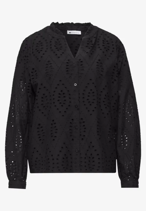 Blouse met gespleten hals en Shiffley-patroon Black