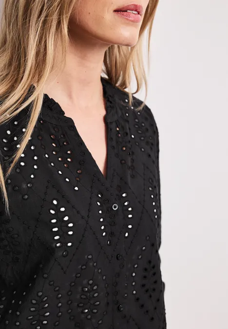 Blouse met gespleten hals en Shiffley-patroon Black