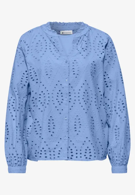 Bluzka z dekoltem typu split neck i haftem typu Schiffli drift blue