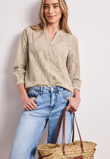 Blouse met gespleten hals en Shiffley-patroon clay sand