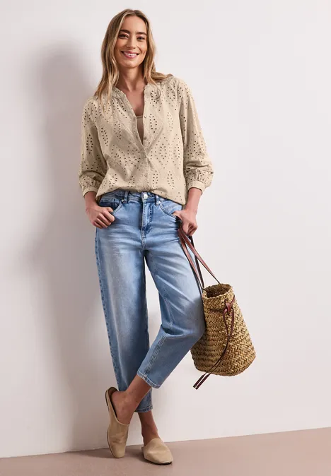 Blouse met gespleten hals en Shiffley-patroon clay sand