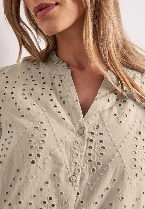 Blouse met gespleten hals en Shiffley-patroon clay sand