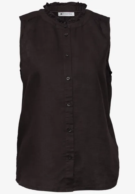 Schwarzes ärmelloses Leinen-Top mit Rüschenkragen und Knopfleiste