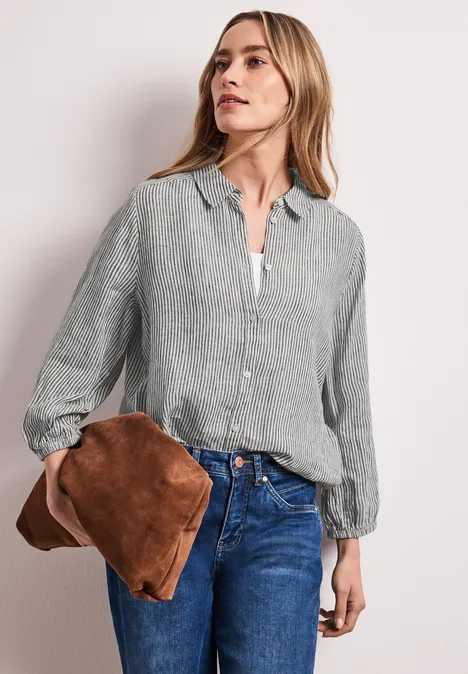 3/4-Arm Hemdbluse aus Leinen mit Streifen Black