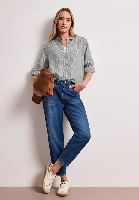 3/4-Arm Hemdbluse aus Leinen mit Streifen Black