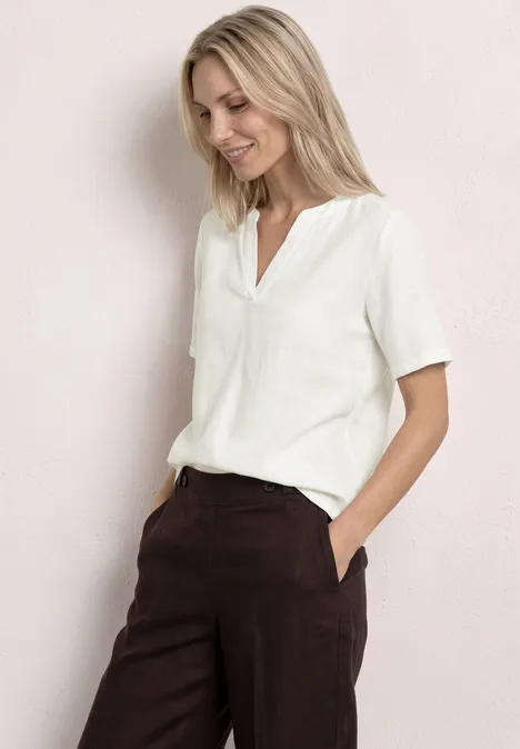 Bluse mit Split Neck aus Leinenmix off white