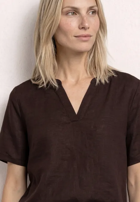 Bluse mit Split Neck aus Leinenmix espresso brown