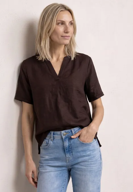 Bluse mit Split Neck aus Leinenmix espresso brown