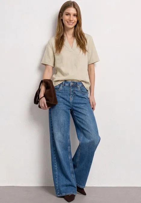 Bluse mit Split Neck aus Leinenmix timeless beige