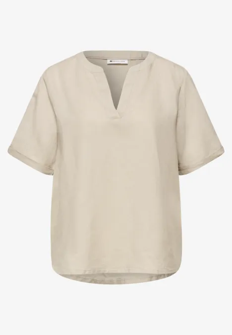 Bluse mit Split Neck aus Leinenmix timeless beige
