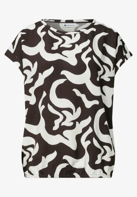 Zwart T-shirt met wit, abstract golvend patroon