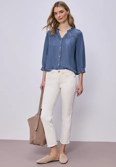 Kurzarm Bluse mit Rüschendetails soft mid blue washed