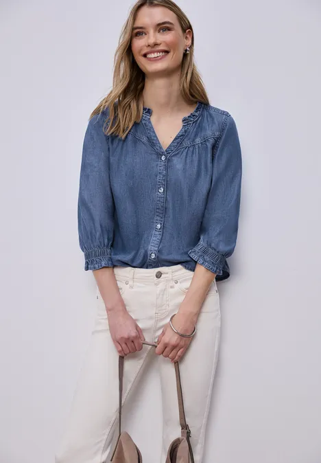 Kurzarm Bluse mit Rüschendetails soft mid blue washed
