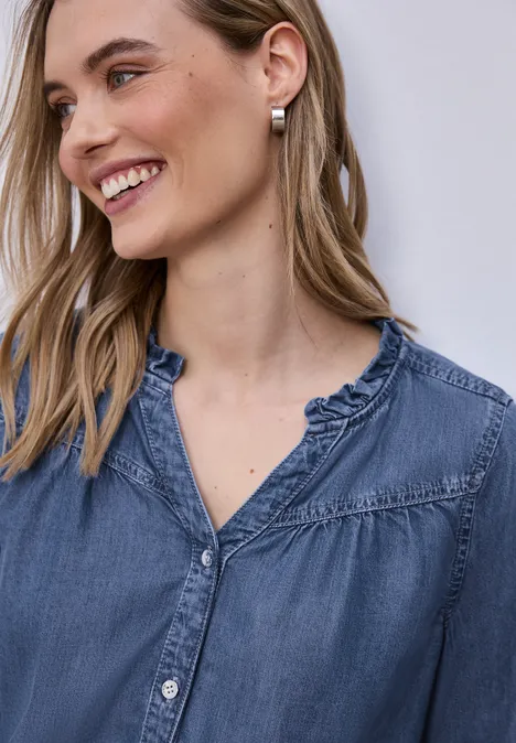 Kurzarm Bluse mit Rüschendetails soft mid blue washed