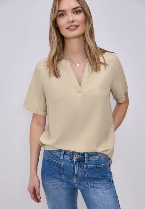Kurzarm Bluse mit Turn-Up cotton beige