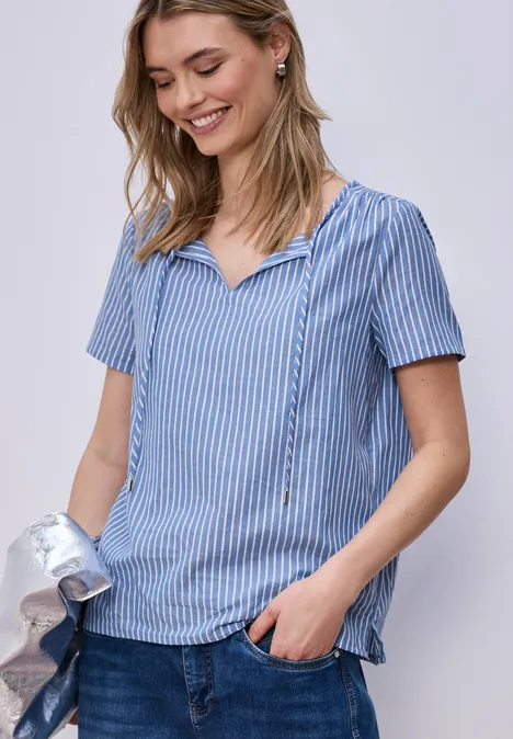 Kurzarm Bluse mit Split Neck und Streifen original blue