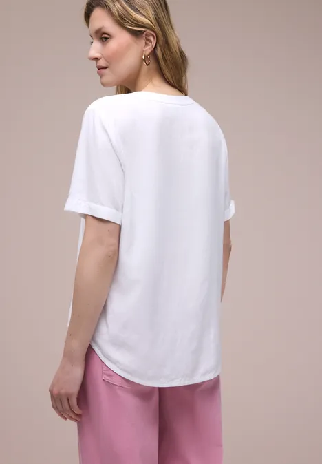 Bluse mit Split Neck und Turn-Up White