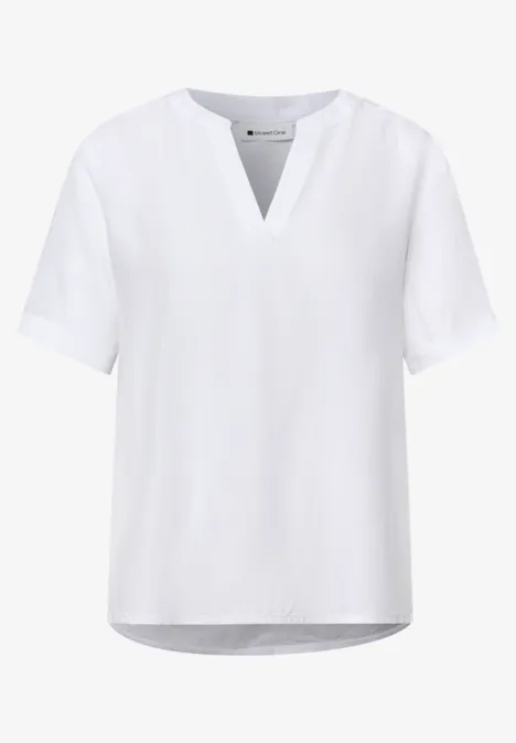 Bluse mit Split Neck und Turn-Up White