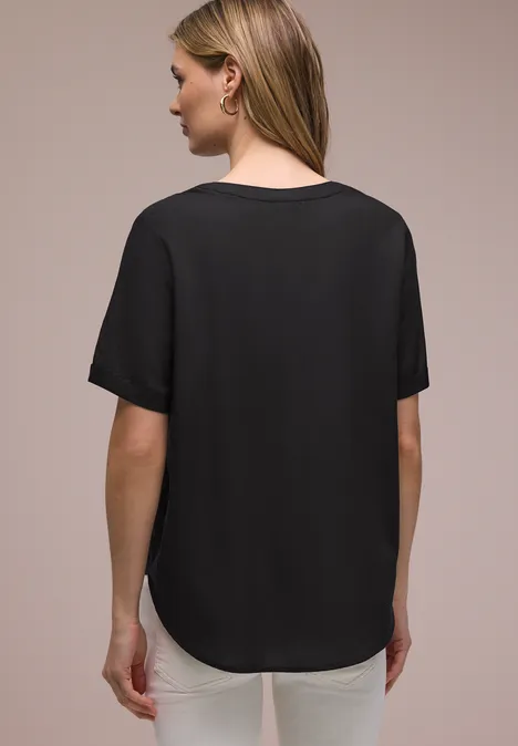 Bluse mit Split Neck und Turn-Up Black