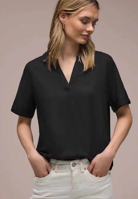 Bluse mit Split Neck und Turn-Up Black