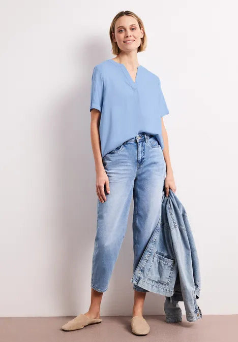 Bluse mit Split Neck und Turn-Up original blue
