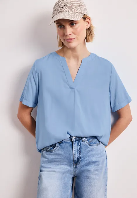 Bluse mit Split Neck und Turn-Up original blue