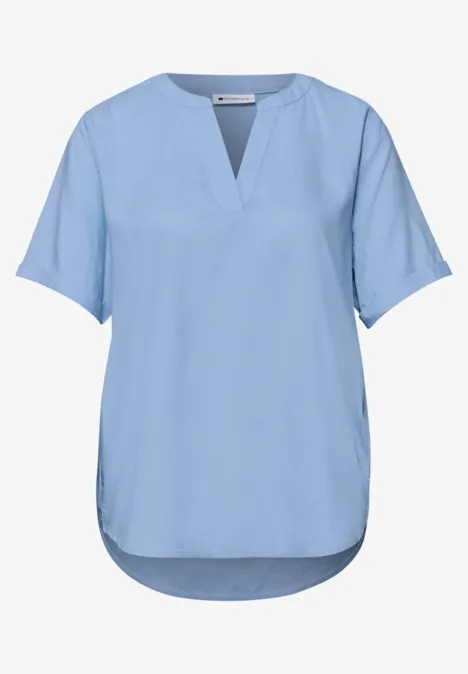 Bluse mit Split Neck und Turn-Up original blue