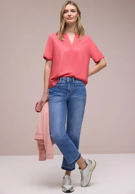 Bluse mit Split Neck und Turn-Up striking coral
