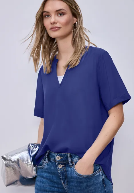 Bluse mit Split Neck und Turn-Up amparo blue