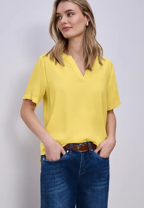 Bluse mit Split Neck und Turn-Up bloom yellow