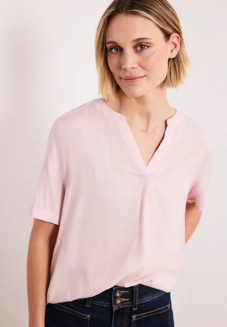 Bluse mit Split Neck und Turn-Up minimal rose