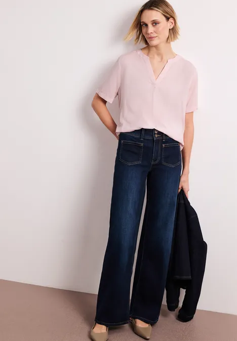 Bluse mit Split Neck und Turn-Up minimal rose