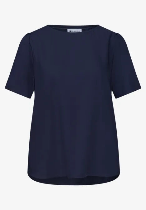 Blouse met ronde hals en korte pofmouwen shadowed navy Effen donkerblauwe blouse met korte mouwen en een ronde hals.