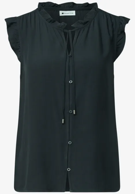 Schwarze, ärmellose Bluse mit verdeckter Knopfleiste und Bändchen am V-Ausschnitt.