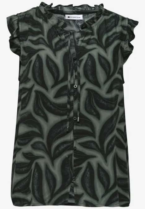 Donkergroene blouse met ruches bij de mouwen en abstracte bladprint.