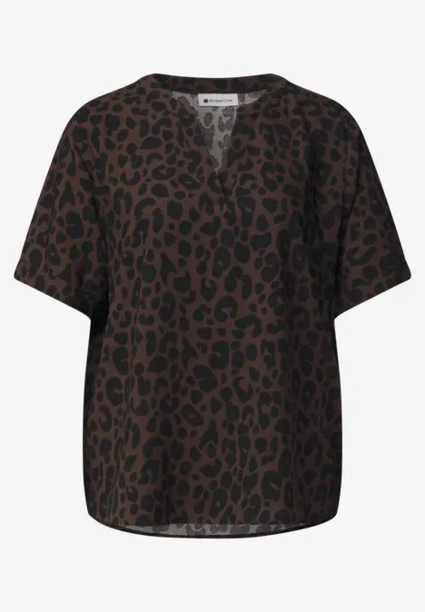 Kurzärmelige Bluse mit braunem Leopardenmuster